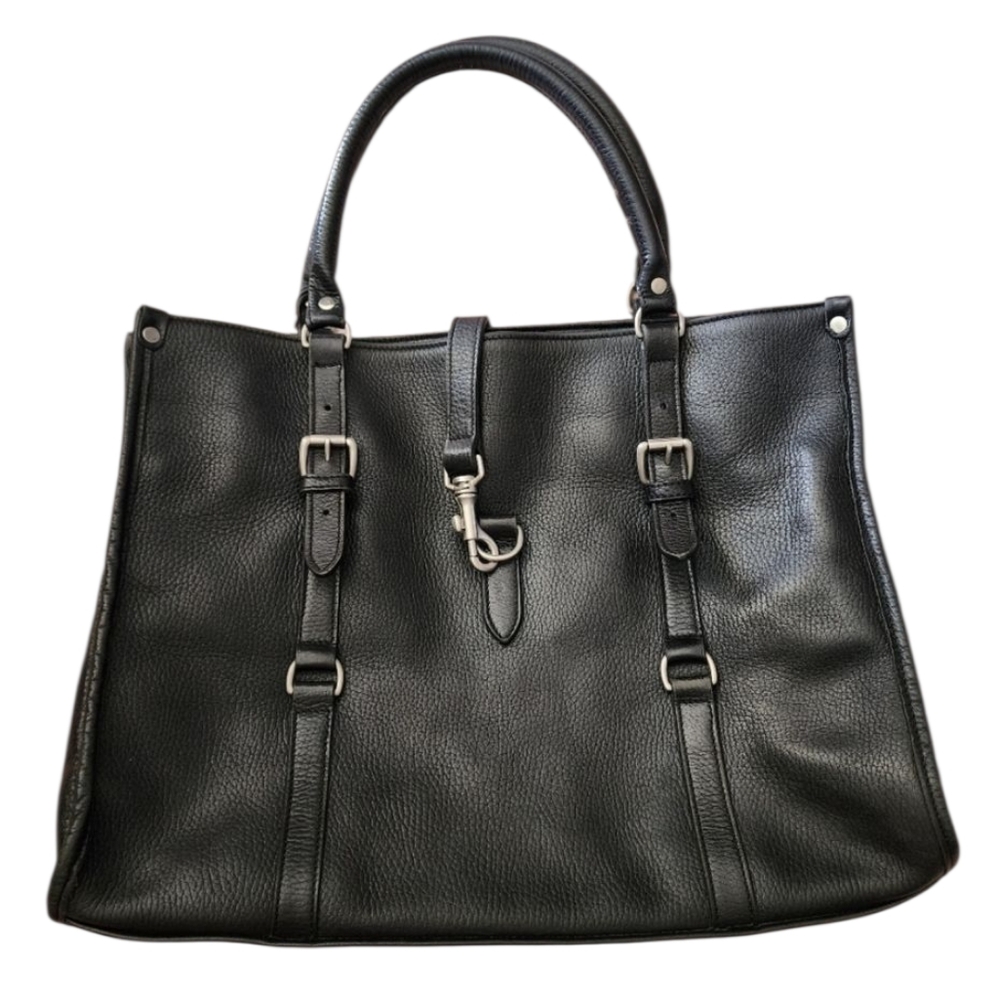 Levenger black pebbled leather tote clip closure & buckle adjustable